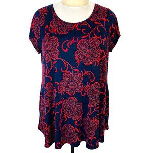 42 Pops Tunic Top Womens 3X Navy Red Floral Chintz Flare Hem Short Sleeve